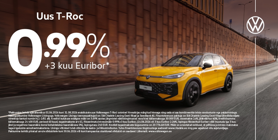 Uus&nbsp;Volkswagen&nbsp;T-Roc 0,99% + 3 kuu Euribor*!
